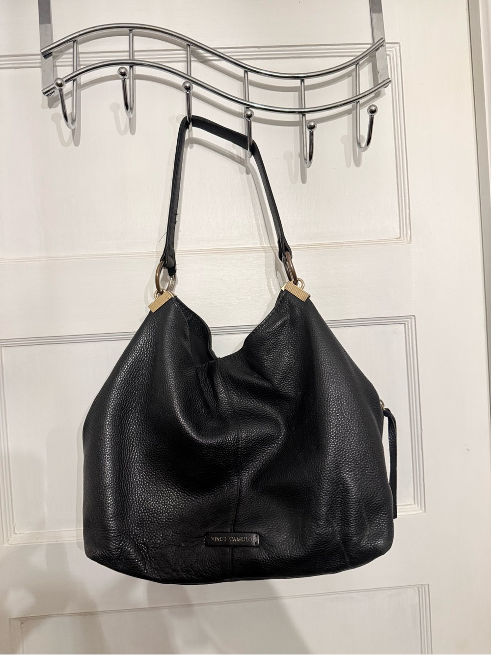 Vince Camuto Rayna Black Pebbled Leather Shoulder Bag with Gold Hardware